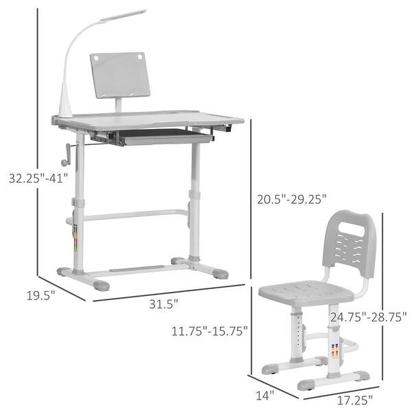 dimension image slide 0 of 2, Kids Desk and Chair Set with Adjustable Tabletop, LED Light, Cup Holder, Drawer, and Pen Box, Ideal for Homework, Ages 6-12