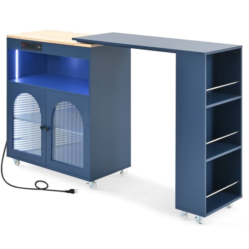 Kitchen Island Cart w/ Extended Table, Rolling Kitchen Island w/ LED Lights, Power Outlets & 2 Fluted Glass Doors & Open Shelves