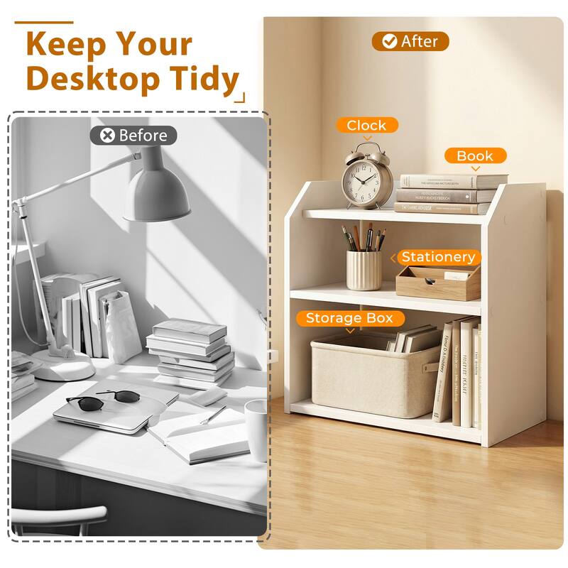 Gymax 3-Tier Desktop Bookshelf w/Raised Top Guardrails Space-Saving