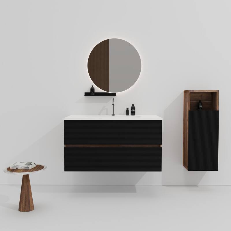 GDFStudio - Gloria Modern Wall-Mounted Floating Bathroom Vanity with Integrated Ceramic Basin & Soft-Close Drawers - 36" - Black+Brown+1 faucet hole