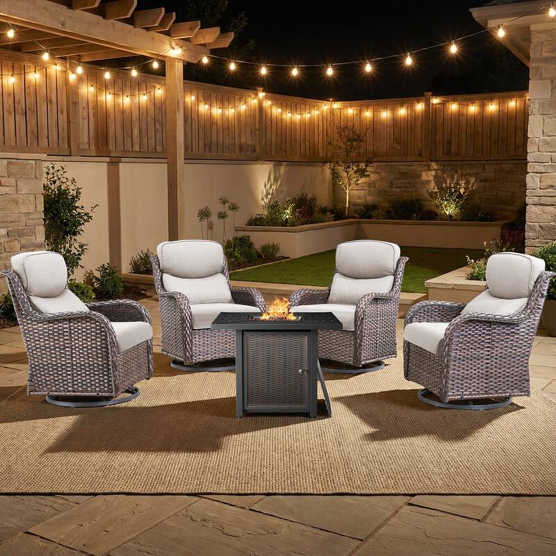 Pocassy 30 In Outdoor Fire Pits with Patio Swivel Glider Chari Set. - Brown Wicker Beige Cushion - 5-Piece Swivel Chair w/ Fie Pit Table