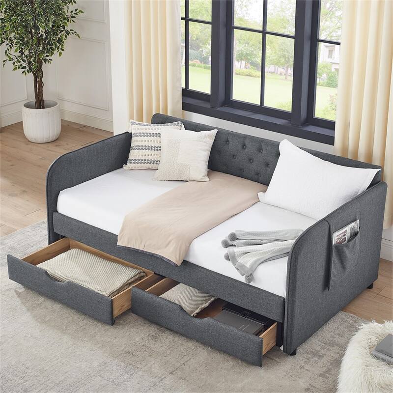 Twin Size Linen Upholstery Daybed with Trundle and 2 Drawers