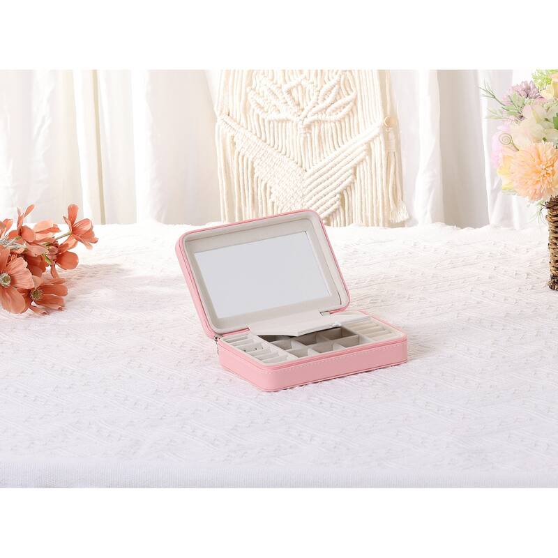 Travel Jewelry Box with Mirror for Girls, Portable PU Leather Jewelry Organizer Case Storage Display Holder - 20x15x6cm