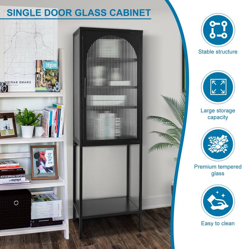 Tempered Glass High Cabinet with Arched Door Adjustable Shelves and Feet Anti-Tip Dust-free Fluted Glass Kitchen Credenza