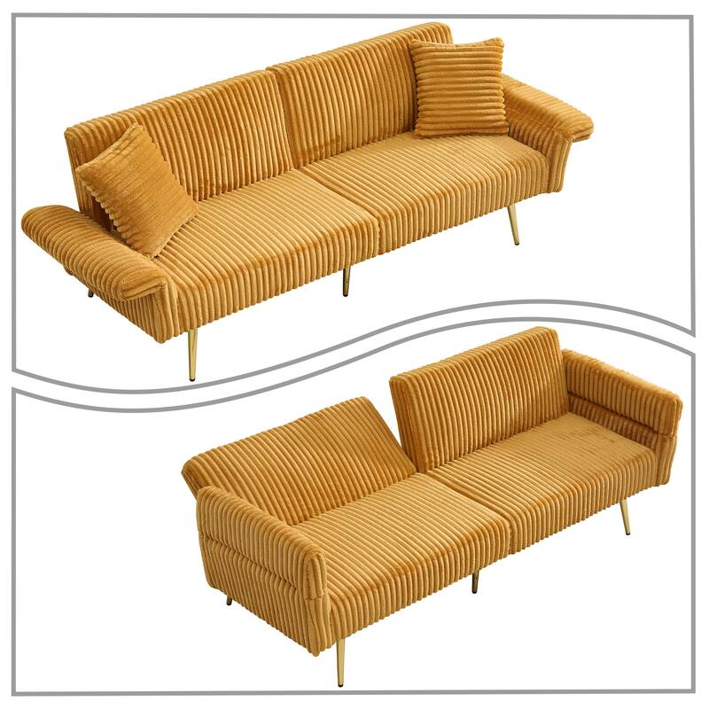 Modren Corduroy Upholstered Convertible Futon Sofa Bed with Gold Metal Legs