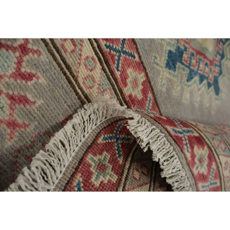 Hand Knotted Oriental 100% Wool Carpet Traditional Geometric Greys & Charcoal Kazak Area Rug - 9' 9'' X 8' 3''