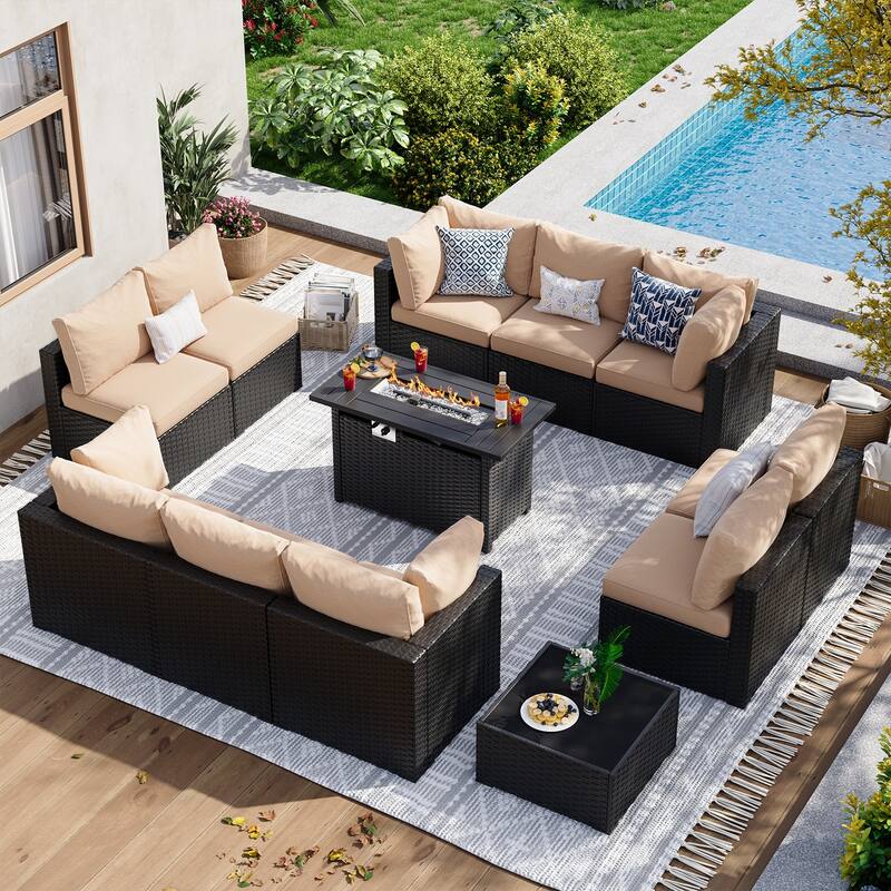 Wicker Rattan Patio Sectional Sofa Set - 12 PCS - Beige