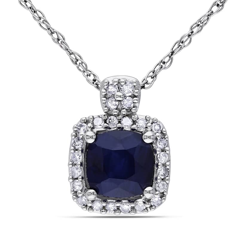 Miadora 10k White Gold Sapphire and 1/10ct TDW Diamond Square Halo Necklace - Blue