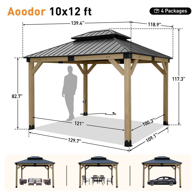 Aoodor 10 x 12 ft Wooden Frame Gazebo with 2-Tier Galvanized Metal Hardtop Roof, Outdoor Patio Gazebo with Charging Socket