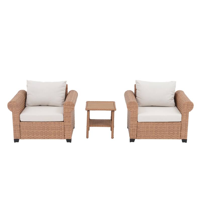 Outdoor Wicker Patio Conversation Set with 2 Armchairs & Side Table