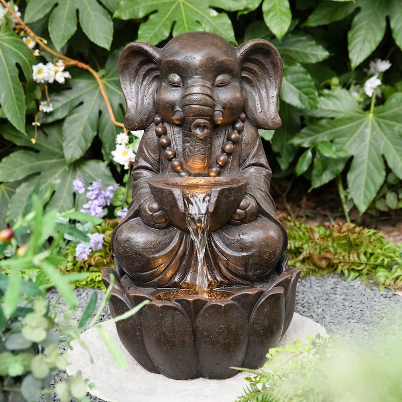 Glitzhome 21.75"H 2-Tiered Lighted Zen Style Frog Elephant Hippo Polyresin Outdoor Fountains