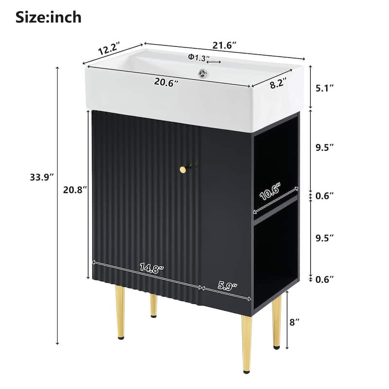 21.6" White Bathroom Vanity with Side Storage, Ceramic Undermount Sink, Soft-Close Door, and Elegant Golden Handle