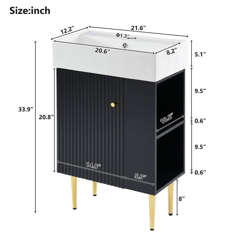 21.6-Inch Green Bathroom Vanity with Ceramic Undermount Sink, Soft-Close Door, and Side Storage Cabinet - 12.2in L Ceramic+MDF