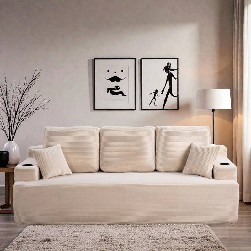 87 Inch 3 Seater Sofa Couch, Deep Seat Corduroy Living Room Sofa with Cup Holders and Side Pockets