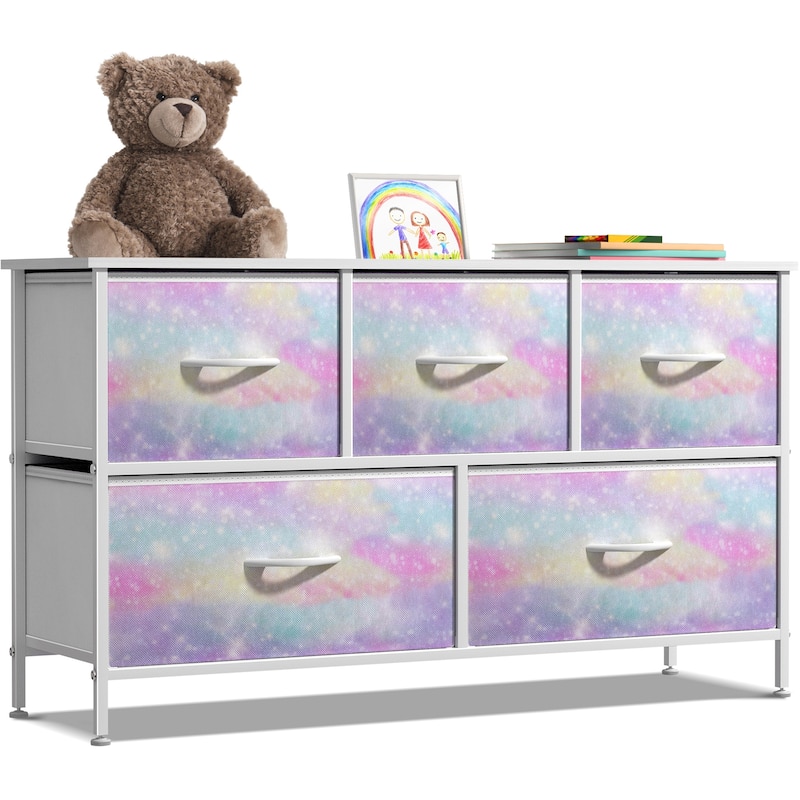 Dresser w/ 5 Drawers Furniture Storage Chest for Home, Bedroom - Tie-Dye Purple