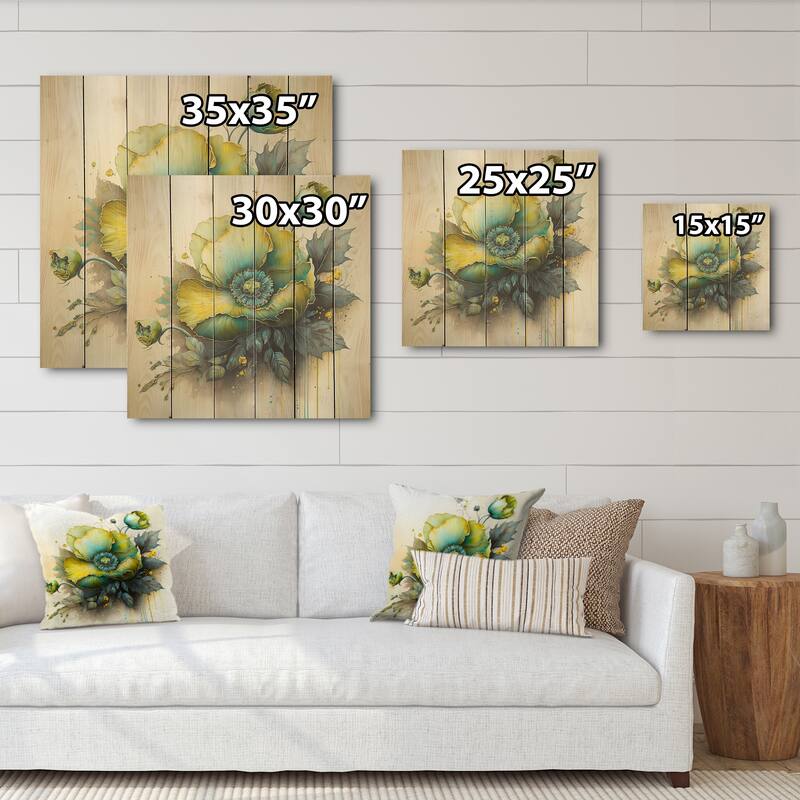 Designart 'Green Blooming Flower II' Floral Wood Wall Art - Natural Pine Wood