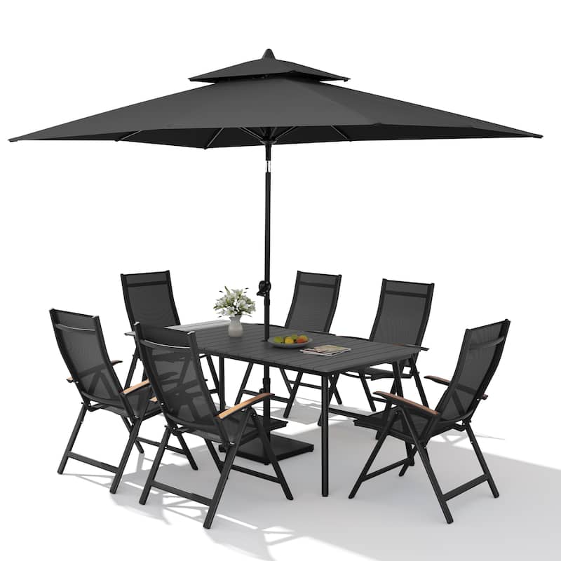 9PC Outdoor Patio Dining Set Wood-Like Aluminum Umbrella Hole Table with Folding Chairs,Double Top Market Umbrella and Base