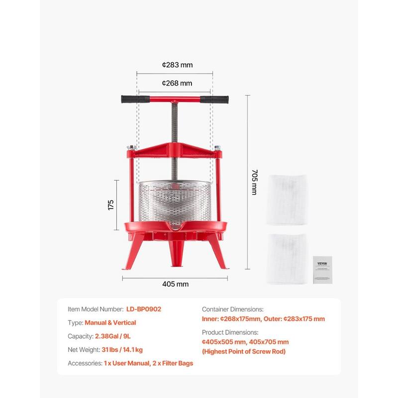 Fruit Wine Press Manual Press for Wine Making 2.38 Gal/9L Stainless Steel - Multi