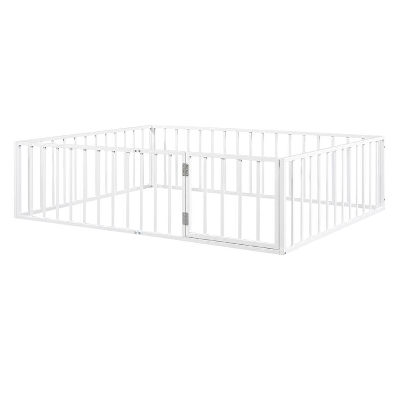 White Queen Size Metal Floor Bed Frame with Fence and Door for Kids