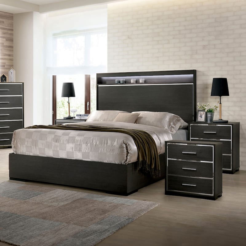 Furniture of America Kastela Modern 3-Piece Grey Wood Panel Bedroom Set with Shelf and LED - King
