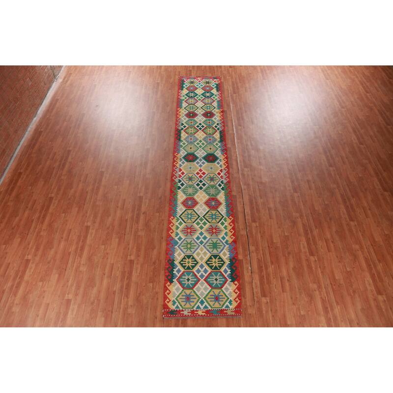 Hand Woven Oriental 100% Wool Carpet Southwestern All-Over Multi-Colored Kilim Runner Rug - 15' 11'' X 2' 10''
