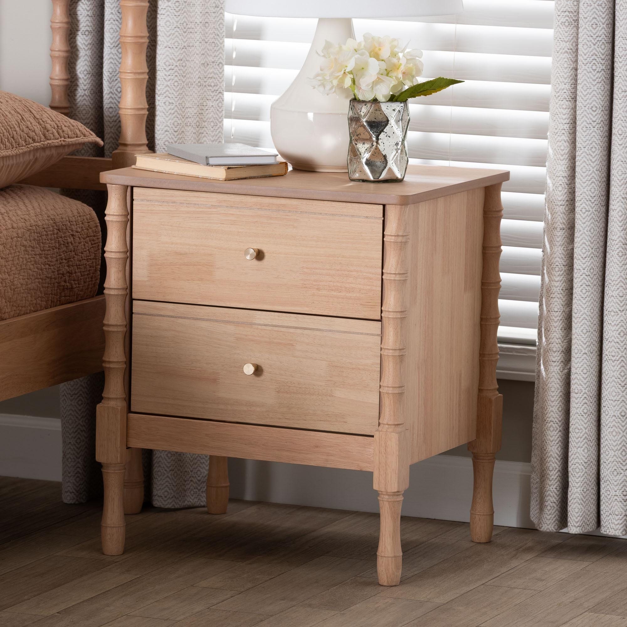 Laurent Nightstand - 2-Drawer Bedside Table with Bamboo-Style Turned Legs, Cottage Farmhouse End Table for Bedroom