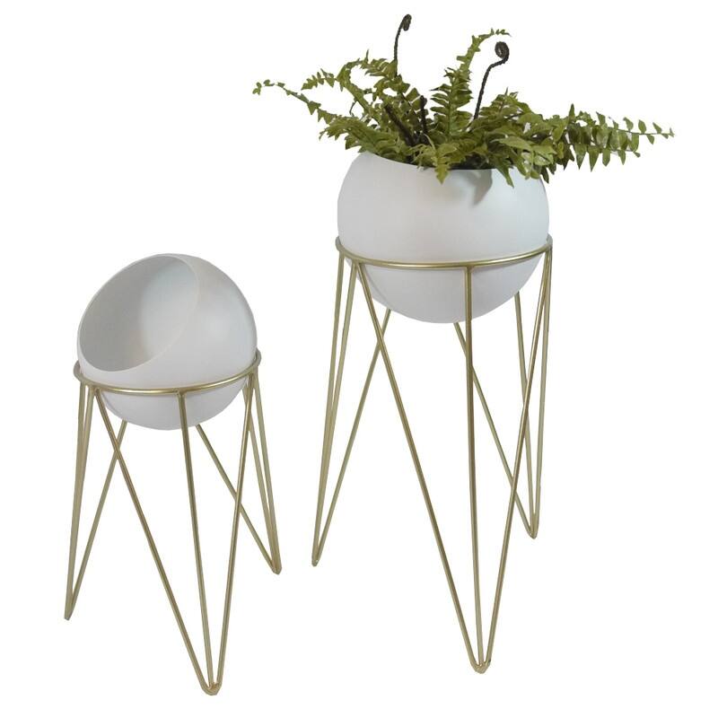 White Gold bowl Plant Pot, Stand Planter, White, Set of 2