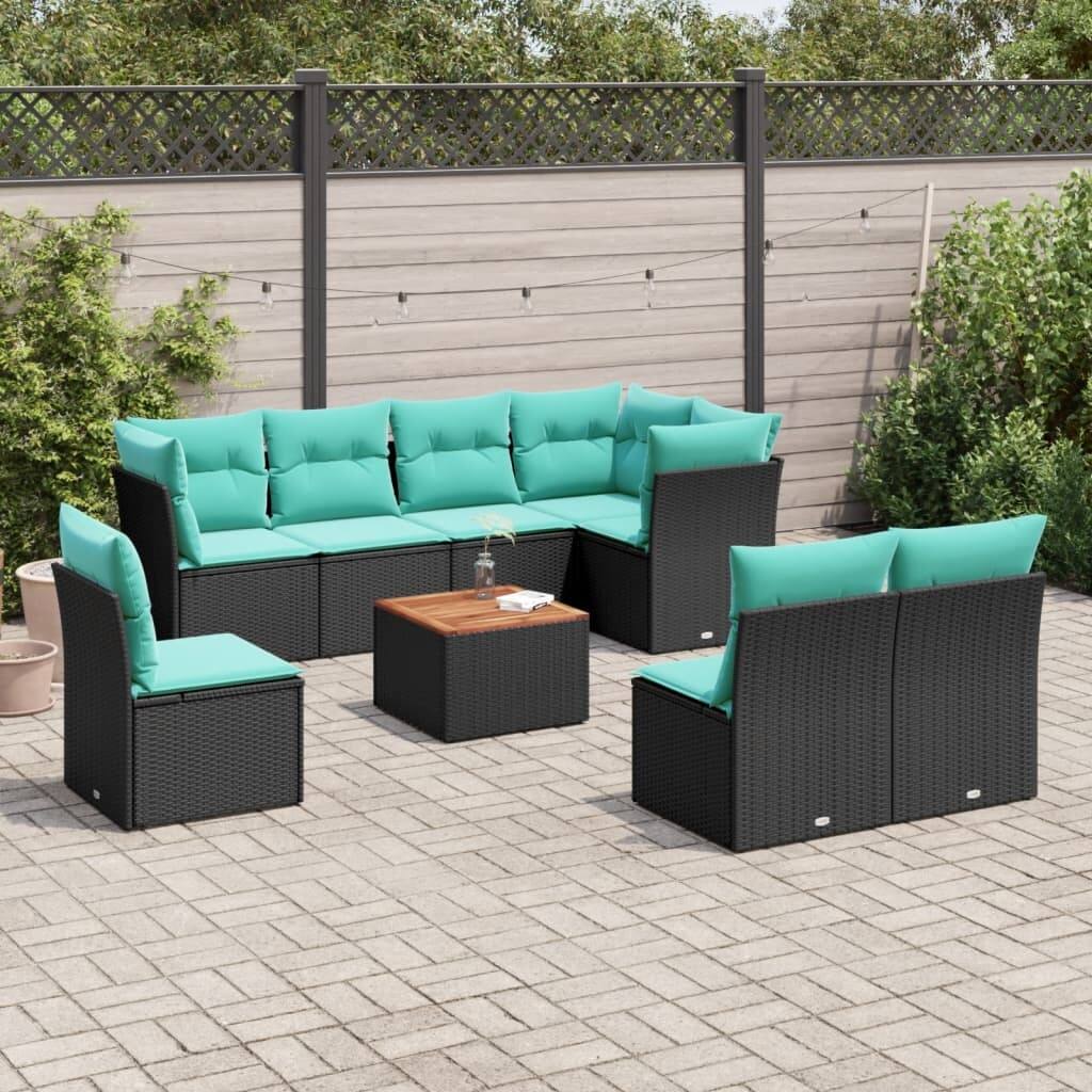 vidaXL 9 Piece Patio Sofa Set with Cushions Black Poly Rattan - 24.4 x 24.4 x 27.2