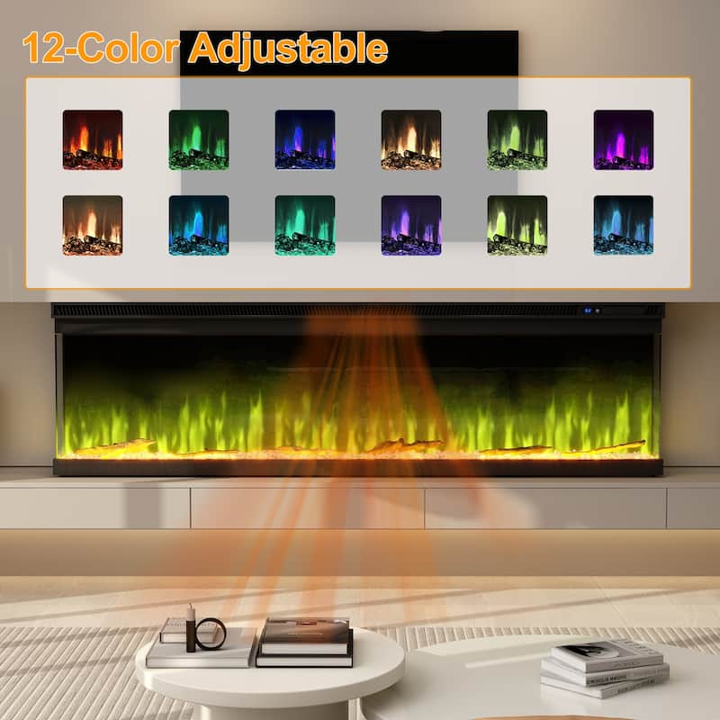3-Sided Electric Fireplace with 12-Color Flame, Dual Heat Settings 750W/1500W, Smart App & Remote Control – 50/60/70 Inch