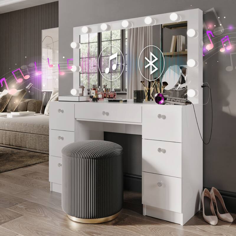 Premium Makeup Vanity with Bluetooth Speaker, Large Mirror, and 7 Drawers
