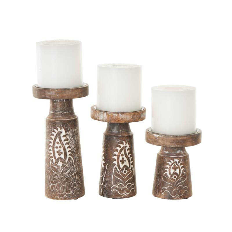 Brown or Dark Brown Mango Wood Tribal Pillar Candle Holder (Set of 3)
