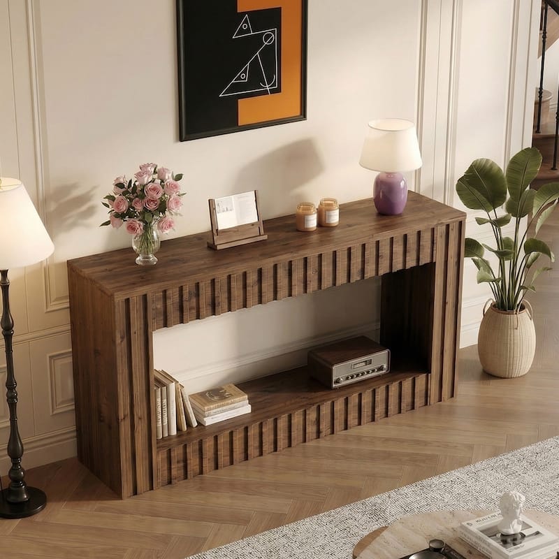 Solid Wood Sofa Table, 63" Long Console Table with Open Storage, Entryway Table for Living Room, Hallway, Foyer