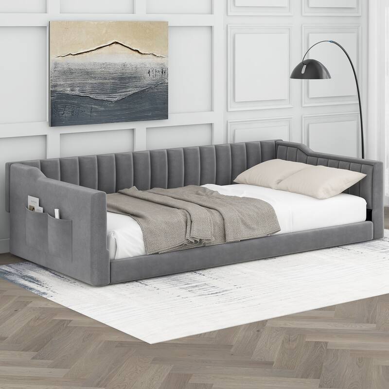 Roomfitters Twin/Full XL Size Upholstered Daybed with Side Storage Pocket and Modern Frame