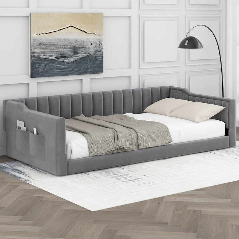 Twin XL Velvet Upholstered Daybed with Side Storage Pocket, Sloped Arms, and No-Box Spring Support