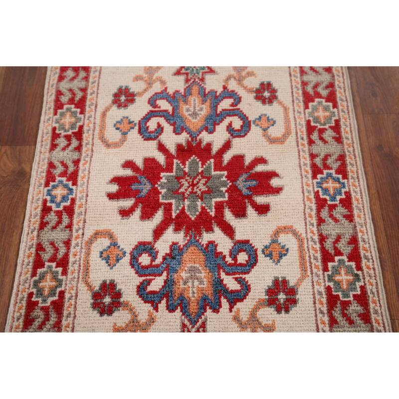 Hand Knotted Oriental 100% Wool Carpet Traditional Geometric Beige & Ivories Kazak Area Rug - 2' 10'' X 1' 10''