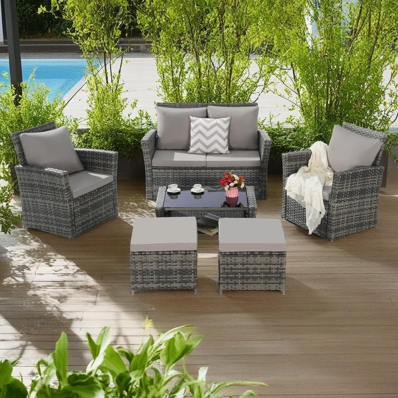 6-Piece Outdoor Patio Rattan Conversation Sofa Set with Tempered Glass Coffee Table