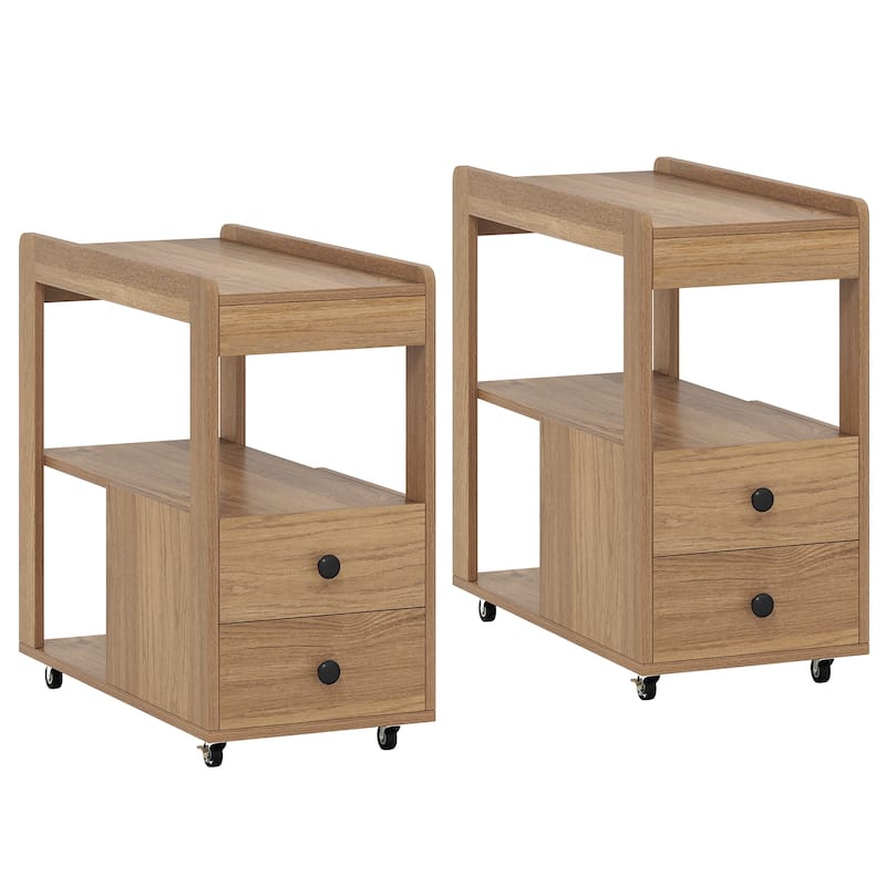 Gymax 2 PCS Narrow End Table Modern 2-Drawer Sofa Side Table w/ Open