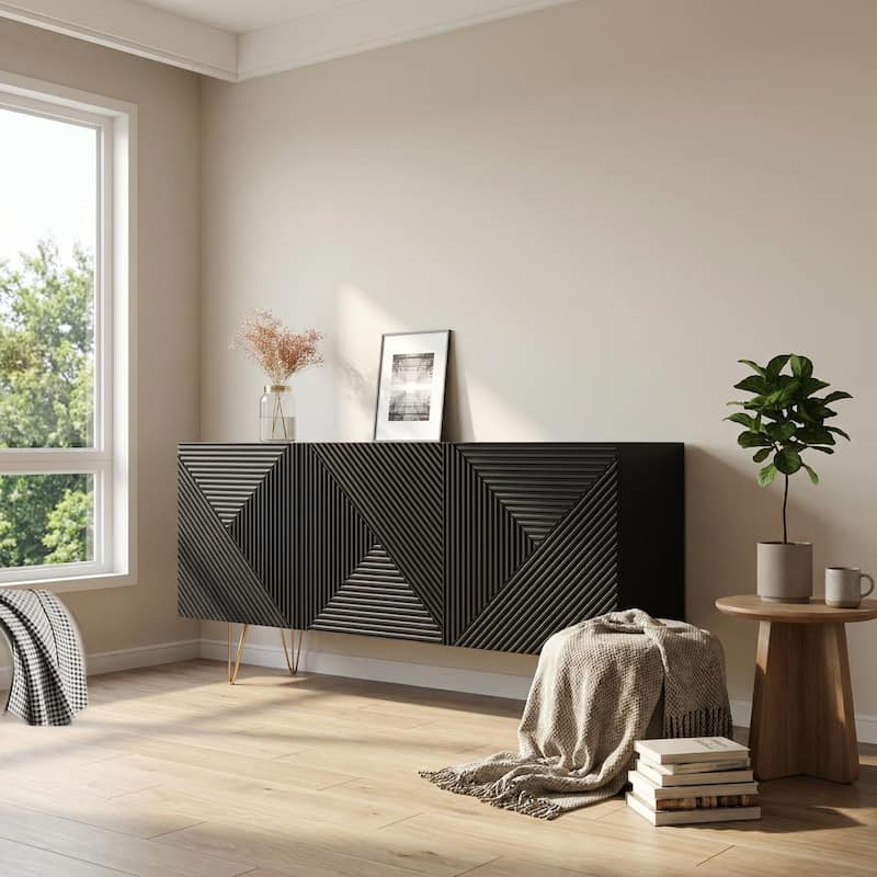 Meble Furniture Giza 3D 63" Sideboard with Matte Body and High Gloss Fronts with Metal Legs 63W x 14D x 29H