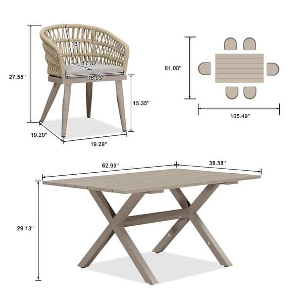 dimension image slide 3 of 4, PURPLE LEAF PE Rattan Outdoor Patio Furniture Dining Set with All Aluminum Frame
