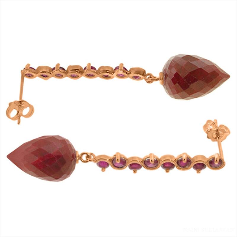 29.2 Carat 14K Solid Gold Drop Briolette Ruby Gemstone Earrings