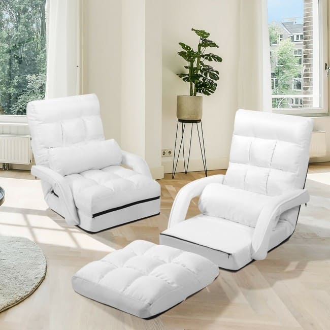 Folding Lazy Floor Chair Sofa with Armrests and Pillow-White - 22" x 26" x 29" (L x W x H)
