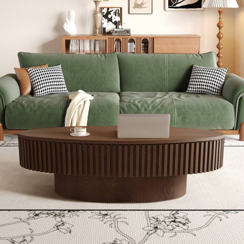 Modern 47" Oval Coffee Table with Storage Solid Wood Veneer for Living Room and Bedroom Decor - Walnut