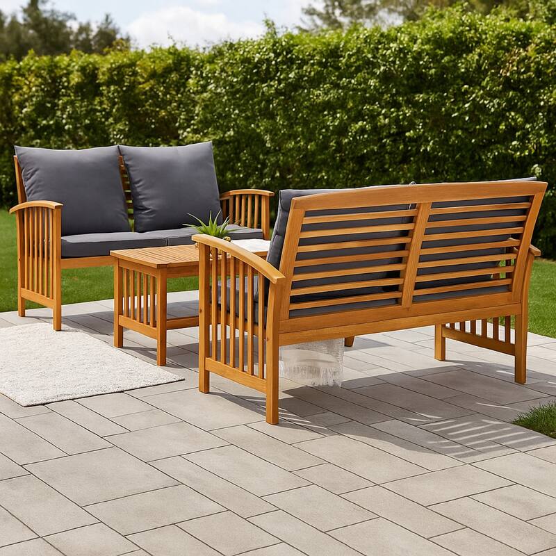 Mia 3pc Outdoor Loveseat Bench and Coffee Table Set, Gray, Acacia Wood