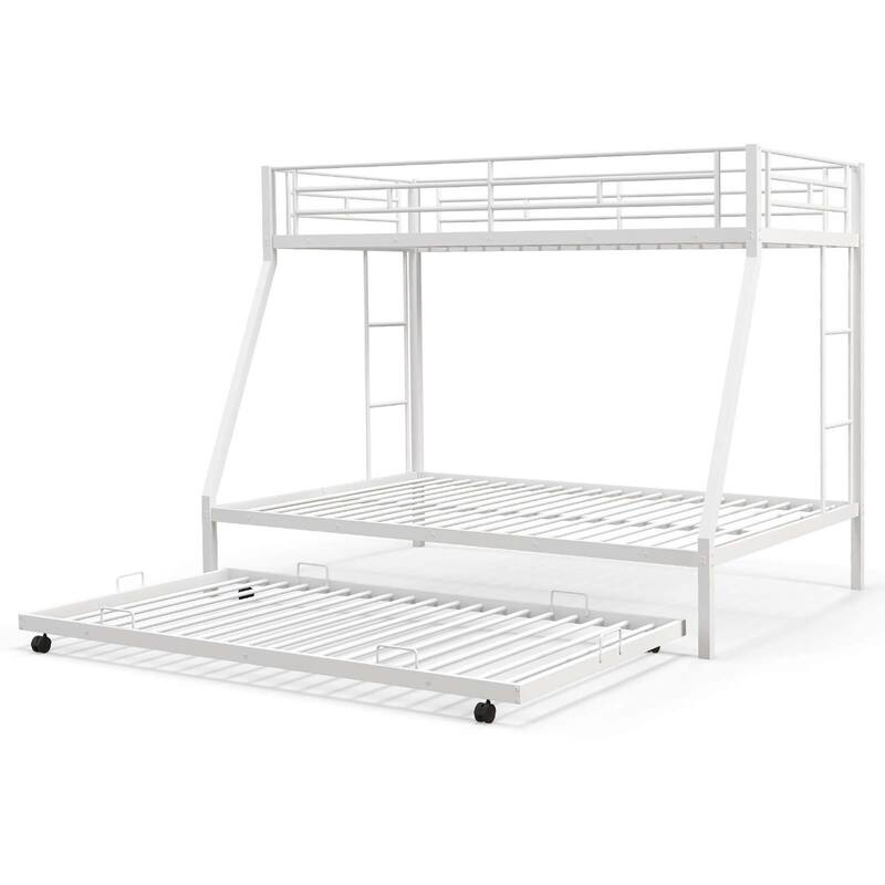 Costway Twin Over Full Metal Slats Bunk Bed Frame with Trundle, Guard - White