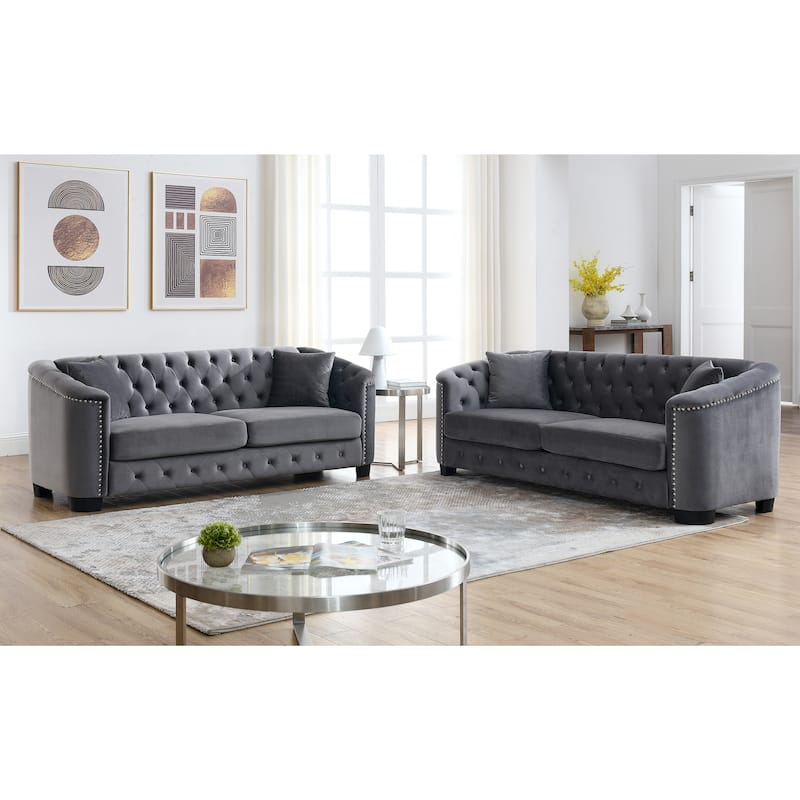 Roomfitters 5-Seater Chesterfield Sofa Set, 3+2 Velvet Tufted Couches with Rolled Arms, Nailhead Trim and Cushions