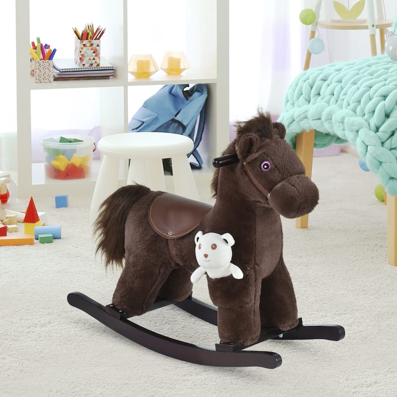 Plush Rocking Horse with Bonus Bear Toy and Sound for Toddlers Wooden Base - 25.5" L x 10.25" W x 21.75" H - Brown