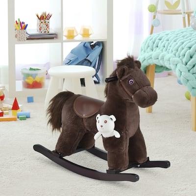 Plush Rocking Horse with Bonus Bear Toy and Sound for Toddlers Wooden Base - 25.5" L x 10.25" W x 21.75" H