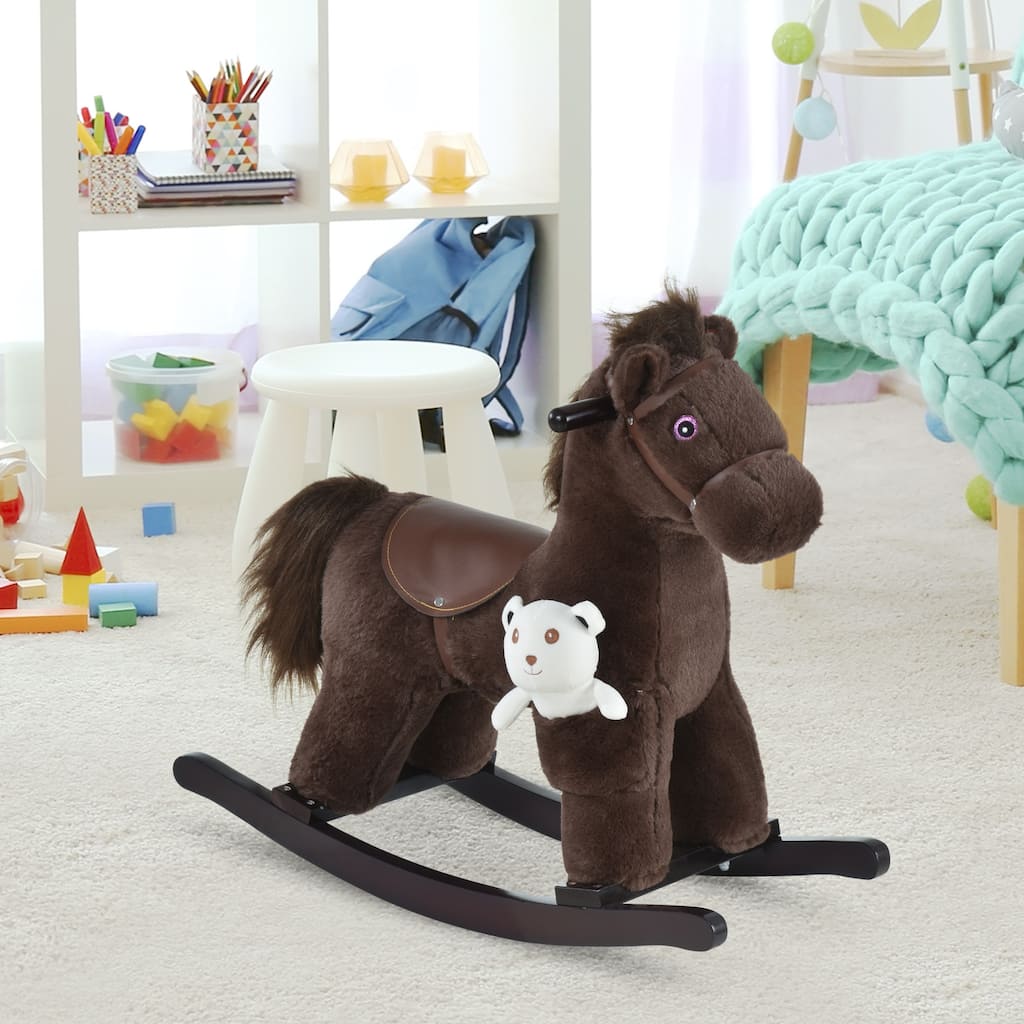 Plush Rocking Horse with Bonus Bear Toy and Sound for Toddlers Wooden Base - 25.5" L x 10.25" W x 21.75" H