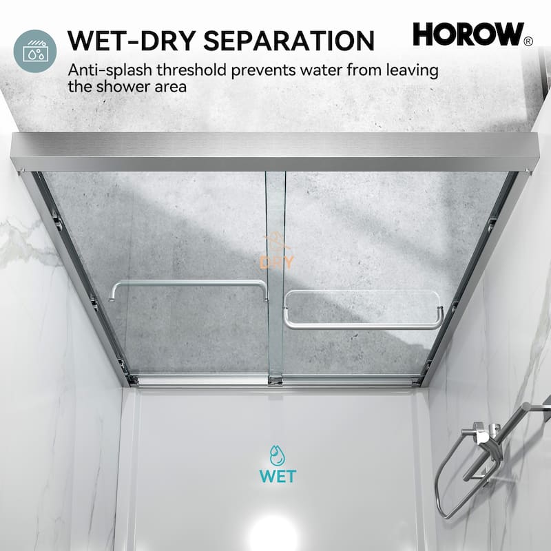 HOROW 44 to 48 Inch Wide 72 Inch High Double Sliding Semi Frameless Shower Door in Brushed Nickel with Clear Glass