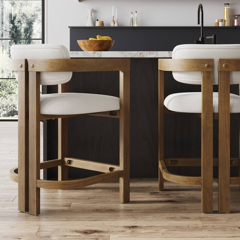 Veya Modern Barrel Bar Stool with Solid Wood Legs and Boucle Upholstery - Single - With Back